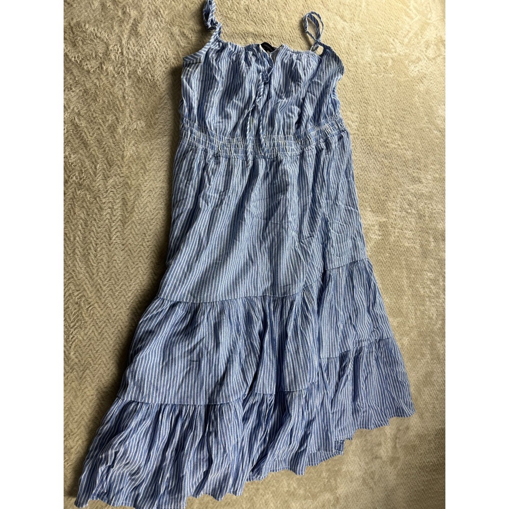 Banana Republic Midi Dress Womens PL Damselfish Blue Striped Sleeveless Tiered